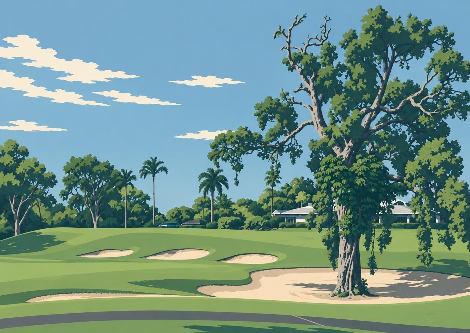 Modern illustration artwork of a gnarled tree guarding the bunkers at Capricorn Resort