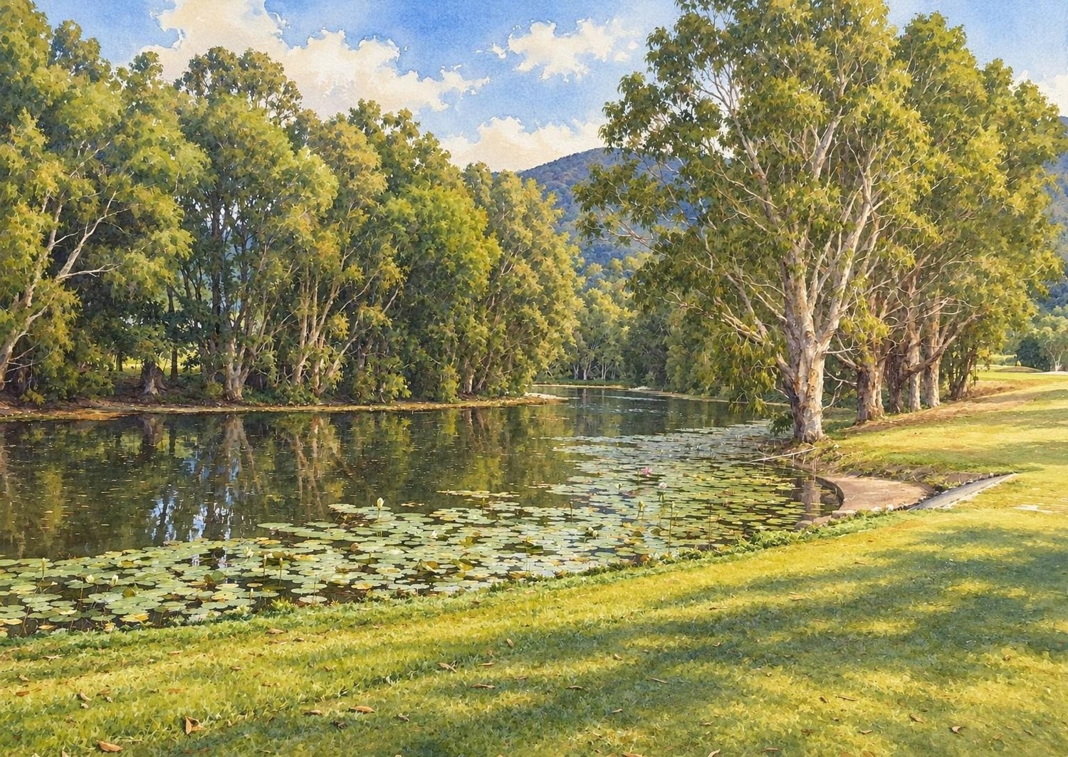Detailed watercolour artwork of the lily pond on hole 3 at Coral Coast