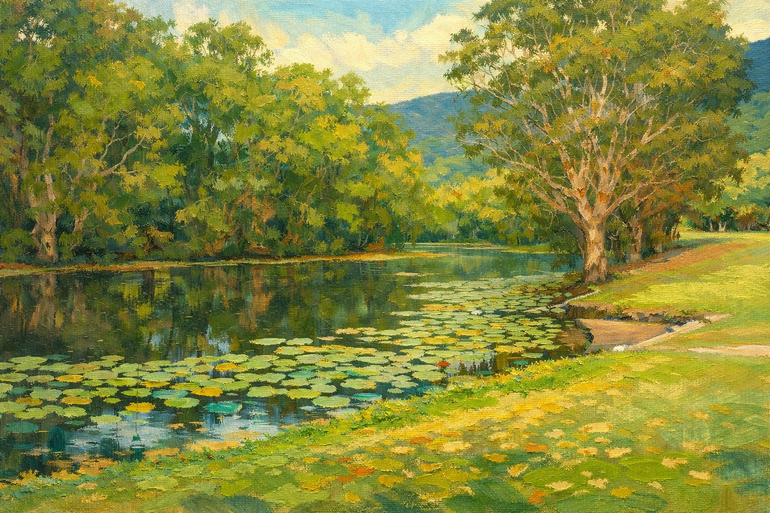 Oil painting artwork of the Coral Coast hole 3 lily pond