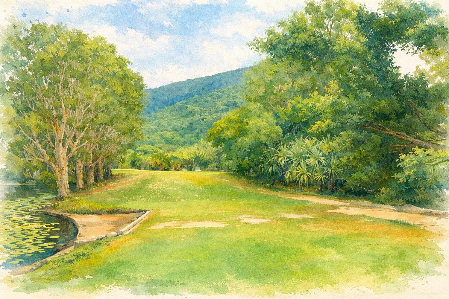 Watercolour artwork of hole 4 at Coral Coast