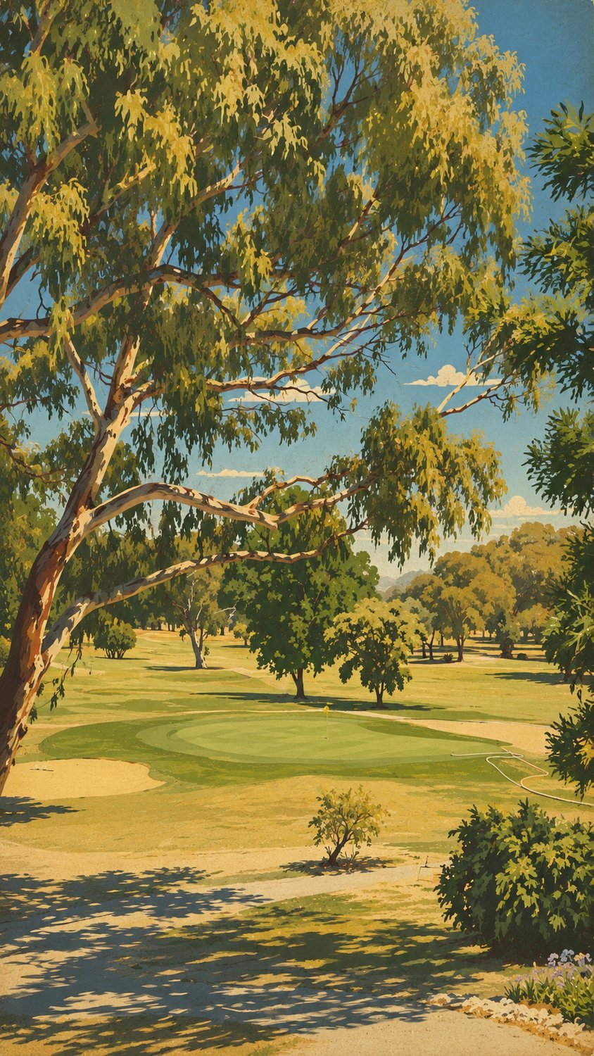 Vintage poster artwork of the fairway at Corowa