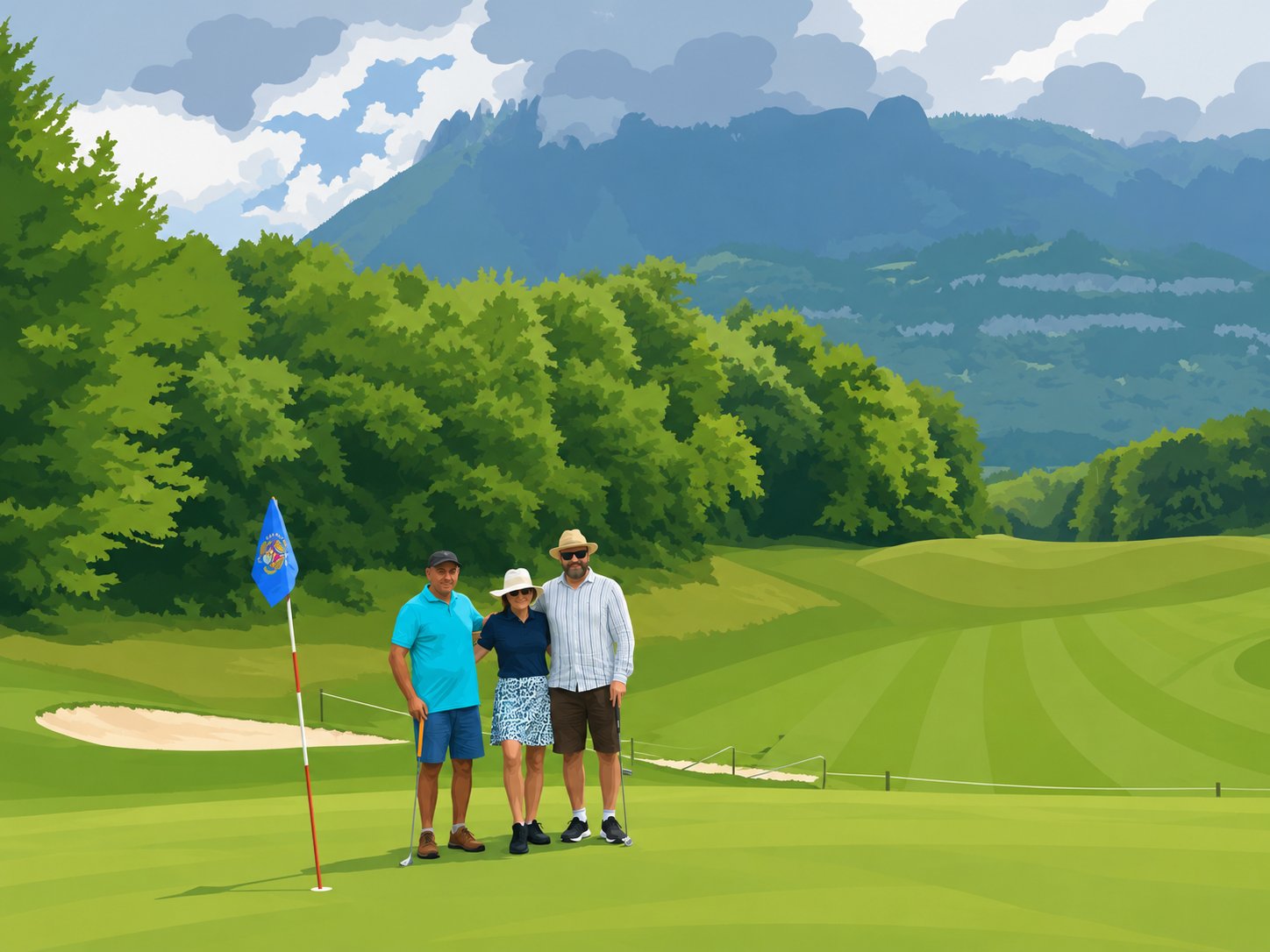 Modern poster artwork of golfers putting at Golf du Lac d'Annecy