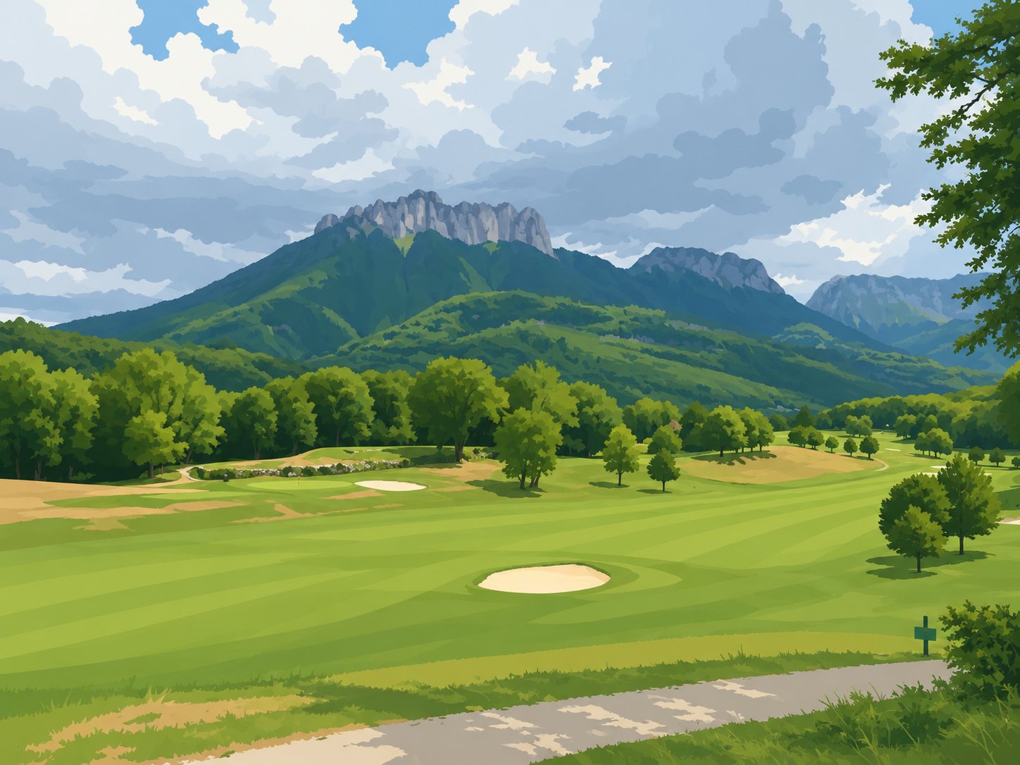 Modern poster artwork of three golfers at Golf du Lac d'Annecy