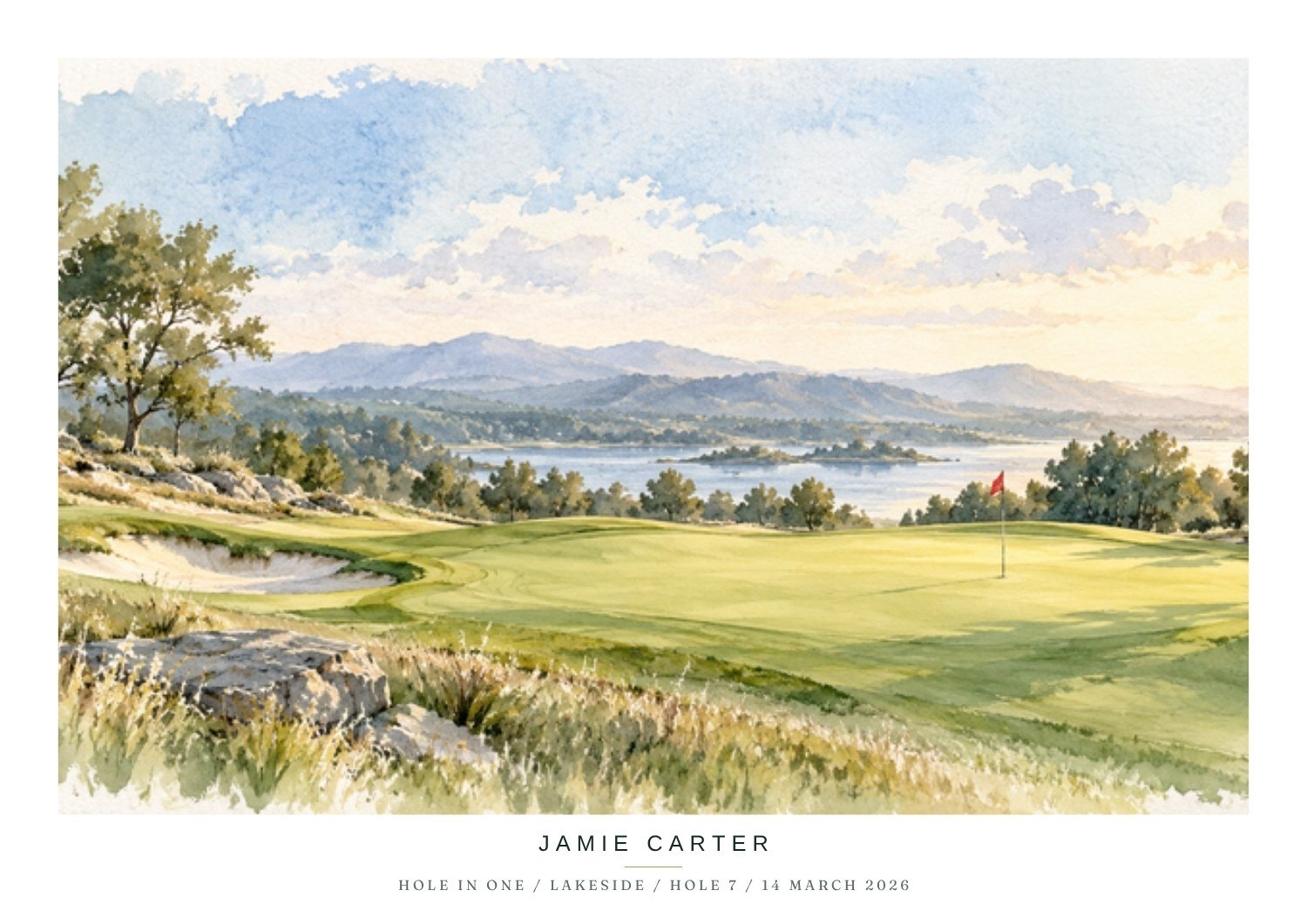 Loose watercolour artwork of a lakeside golf hole, with a caption below reading Jamie Carter, Hole in One, Lakeside, Hole 7, 14 March 2026