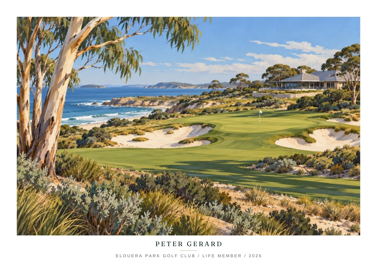 Artwork of a clubhouse and green, with a caption below reading Peter Gerard, Elouera Park Golf Club, Life Member 2026