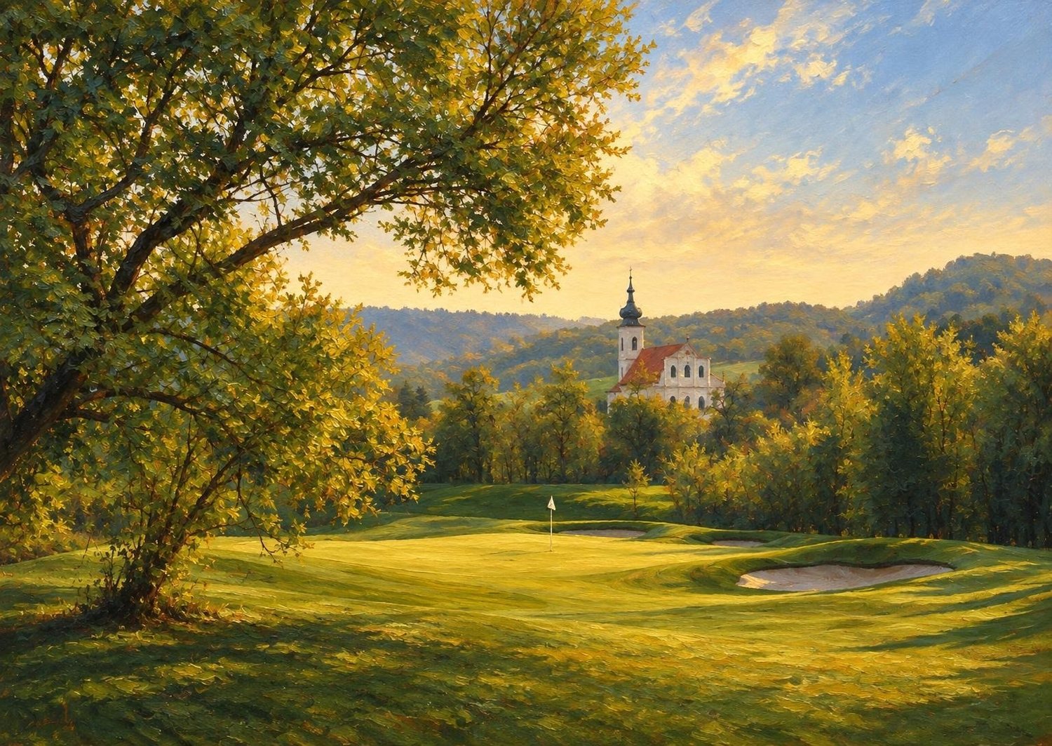 Classic oil landscape artwork of a green below a hilltop church in Germany