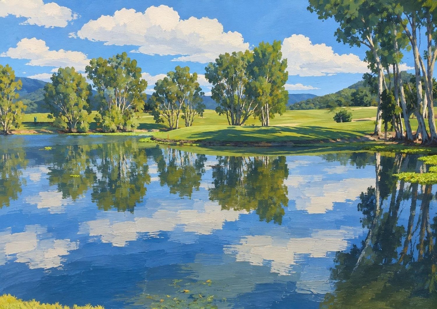 Contemporary gouache artwork of trees and clouds reflected in the lake at Half Moon Bay