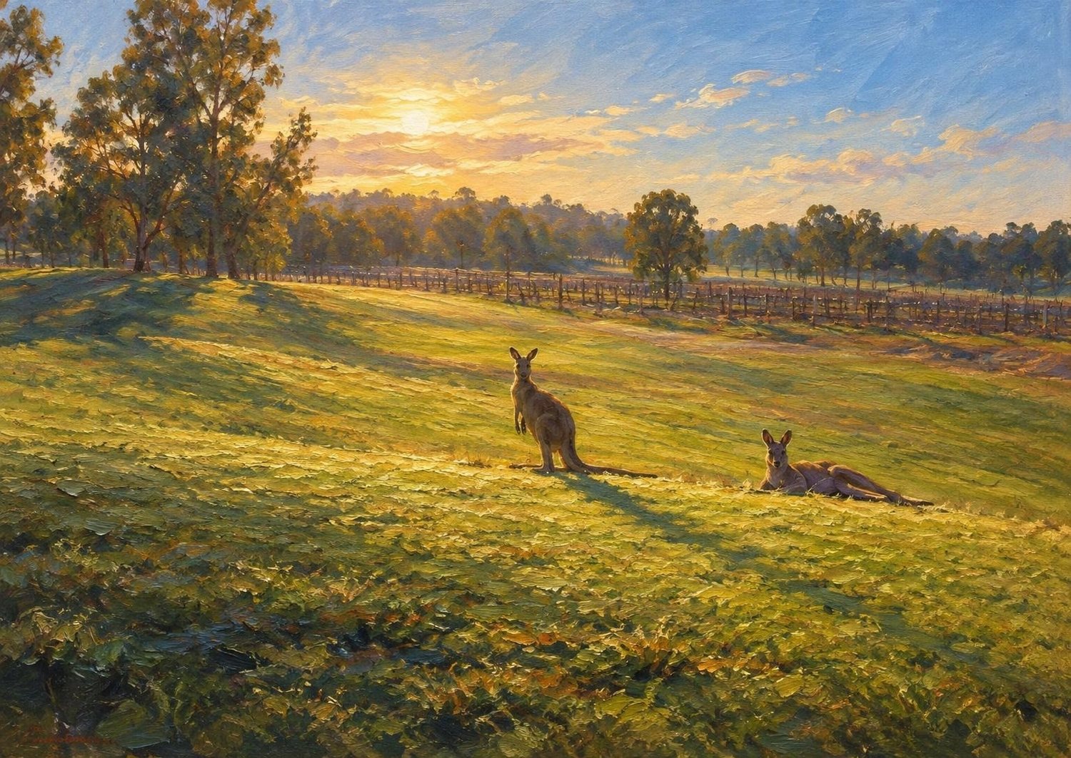 Classic oil landscape artwork of kangaroos resting on a fairway at sunset in the Hunter Valley