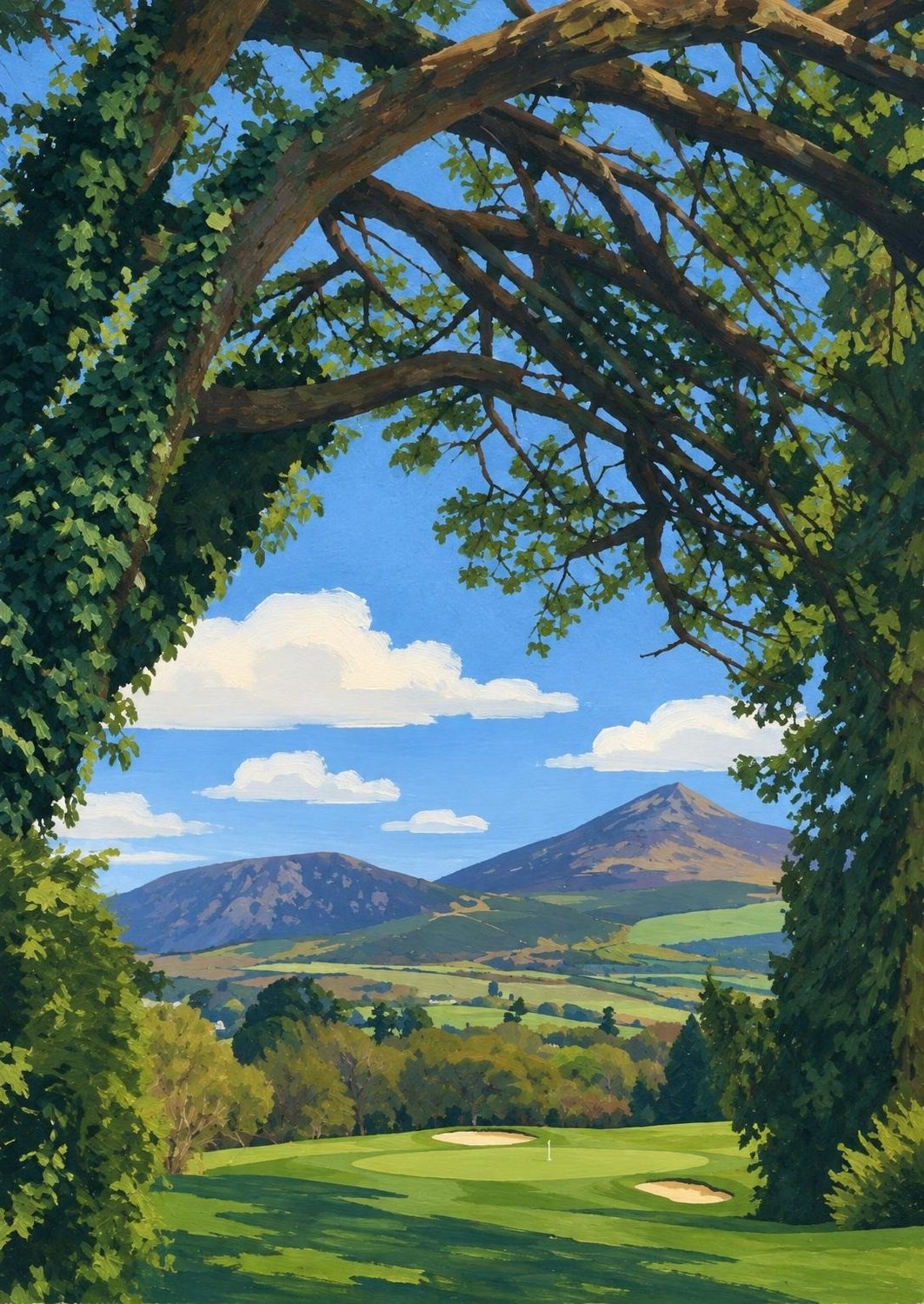 Contemporary gouache artwork of a fairway framed by an ivy-covered arch in Ireland
