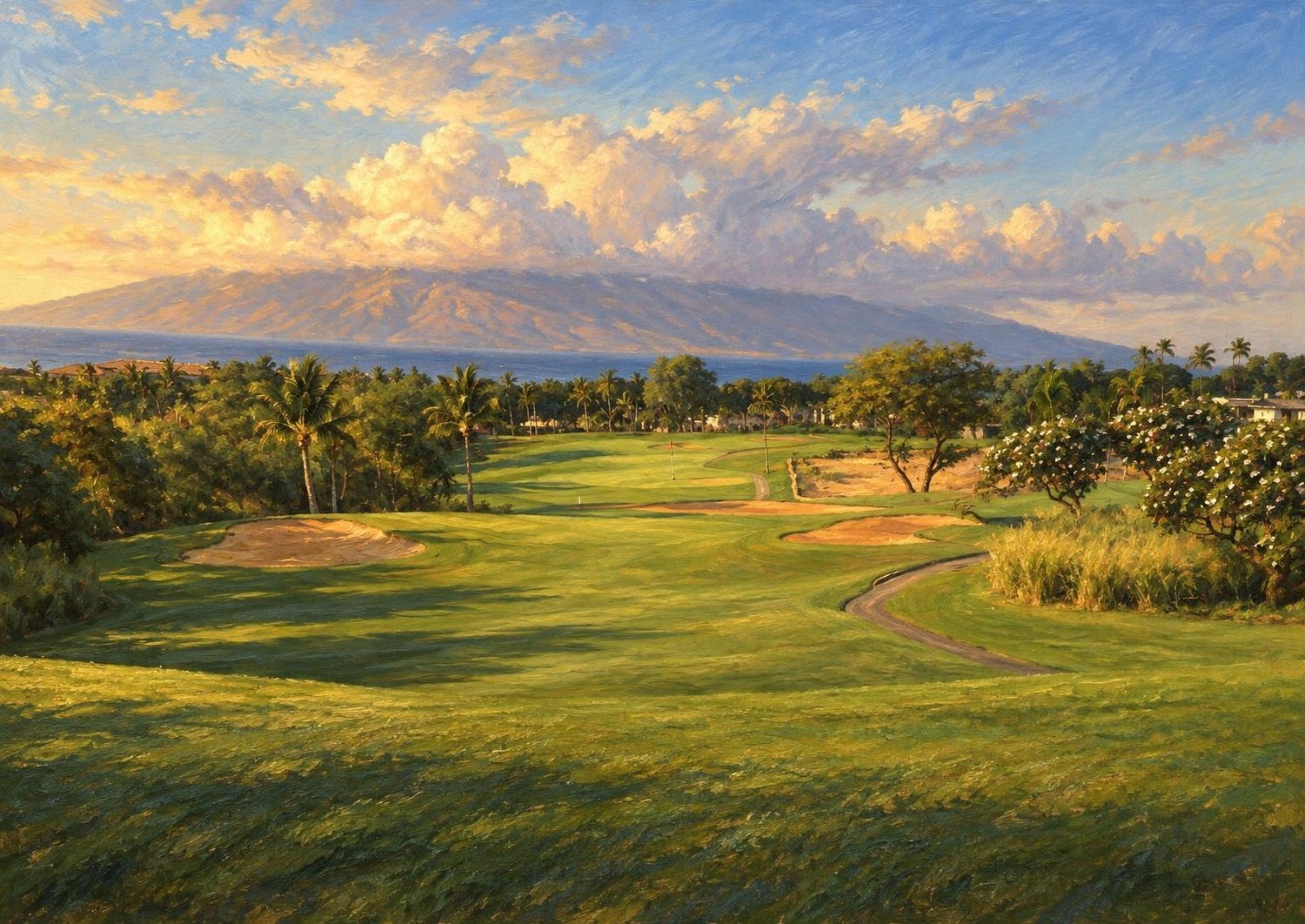 Classic oil landscape artwork of the same Maui fairway in golden light, the island rising across the sea