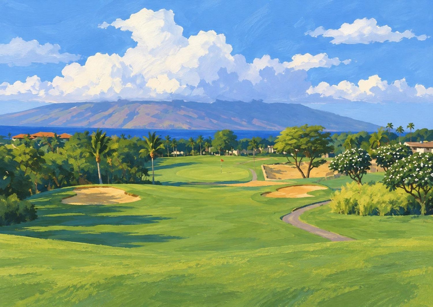 Contemporary gouache artwork of a Maui fairway with the island across the sea