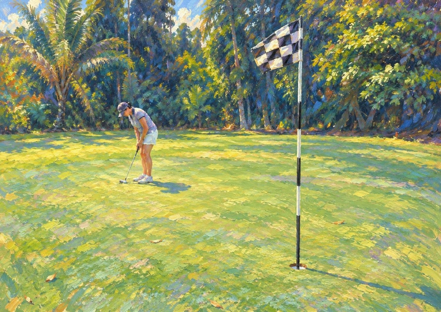Impressionist artwork of a golfer putting beneath the chequered flag at Mossman