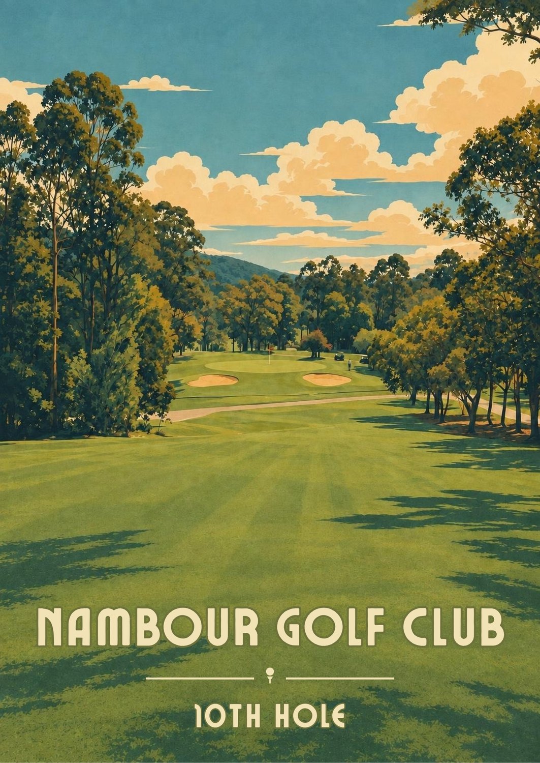Vintage travel poster of the 10th hole at Nambour Golf Club, titled with the club name and hole