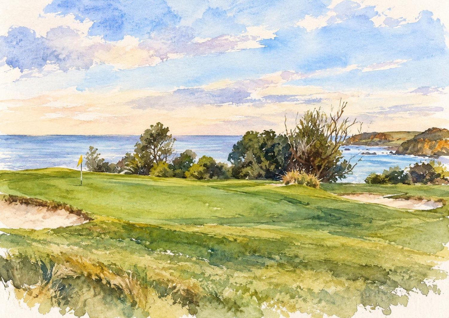 Loose watercolour artwork of the clifftop green above the ocean at Narooma