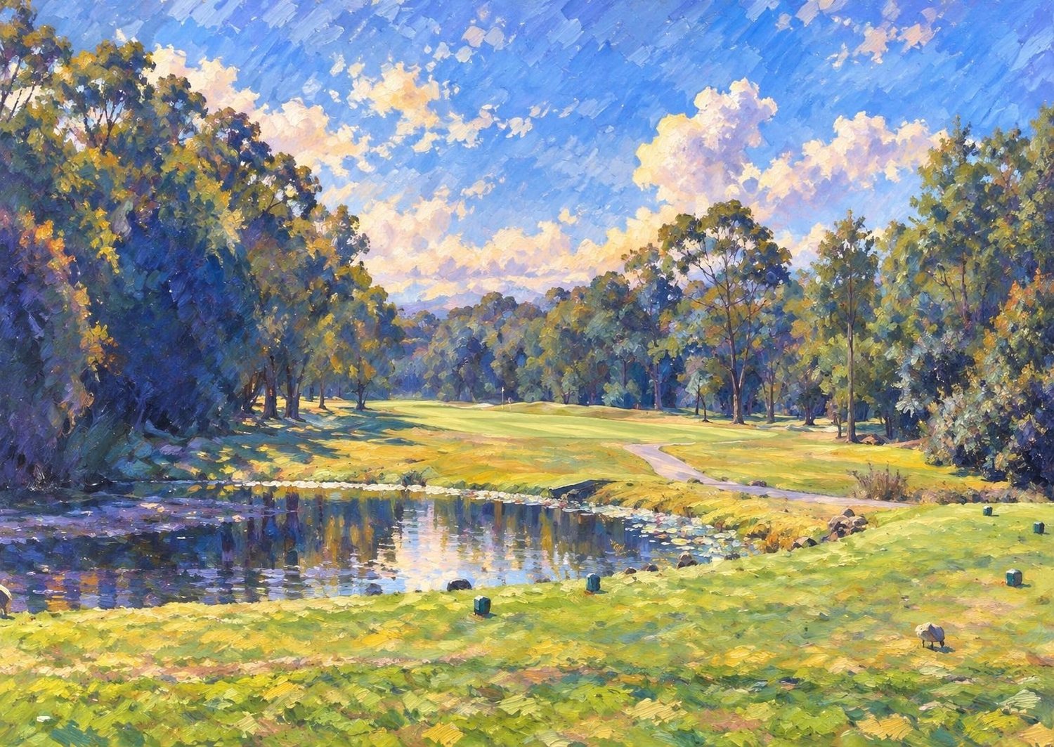 Impressionist artwork of the pond and cart path at Noosa