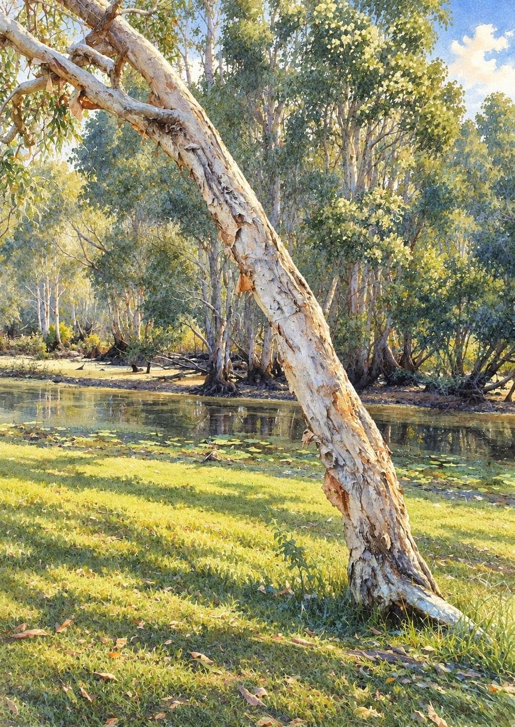 Detailed watercolour artwork of a leaning paperbark beside the water at Noosa
