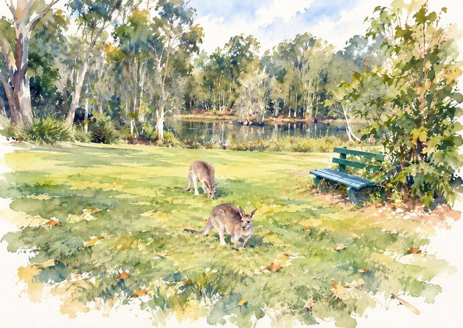 Loose watercolour artwork of kangaroos grazing near a bench at Noosa