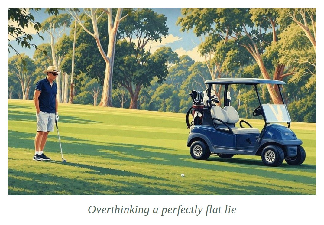 Captioned vintage travel poster artwork: Overthinking a perfectly flat lie