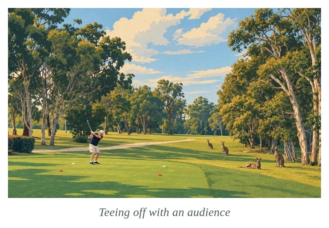 Captioned vintage travel poster artwork: Teeing off with an audience