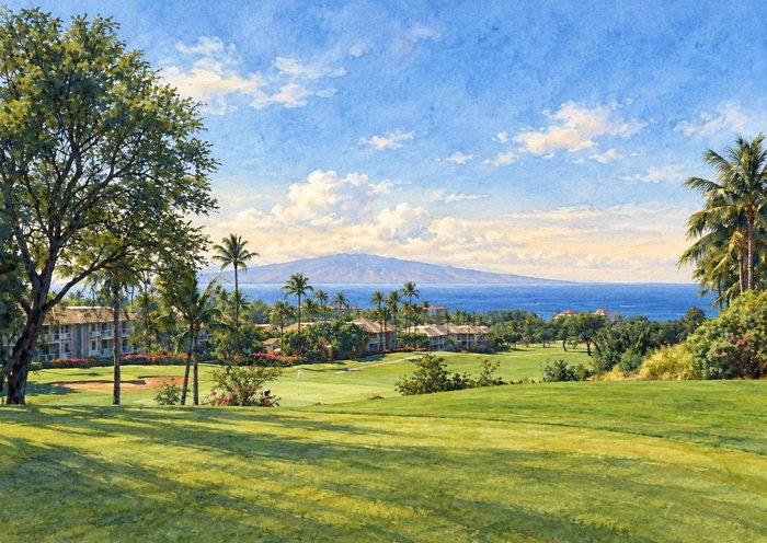 The Maui view as a detailed watercolour