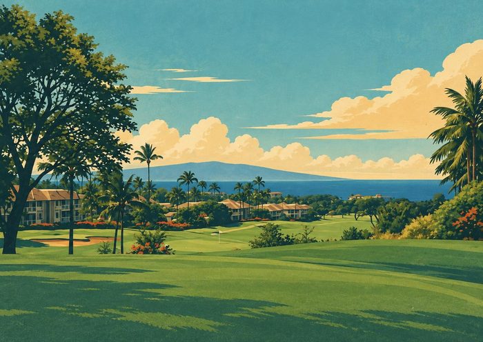 The Maui view as a vintage travel poster