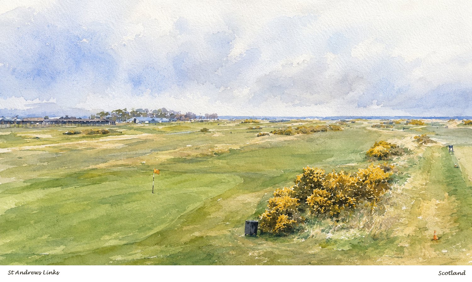 Watercolour artwork of St Andrews Links with the town behind