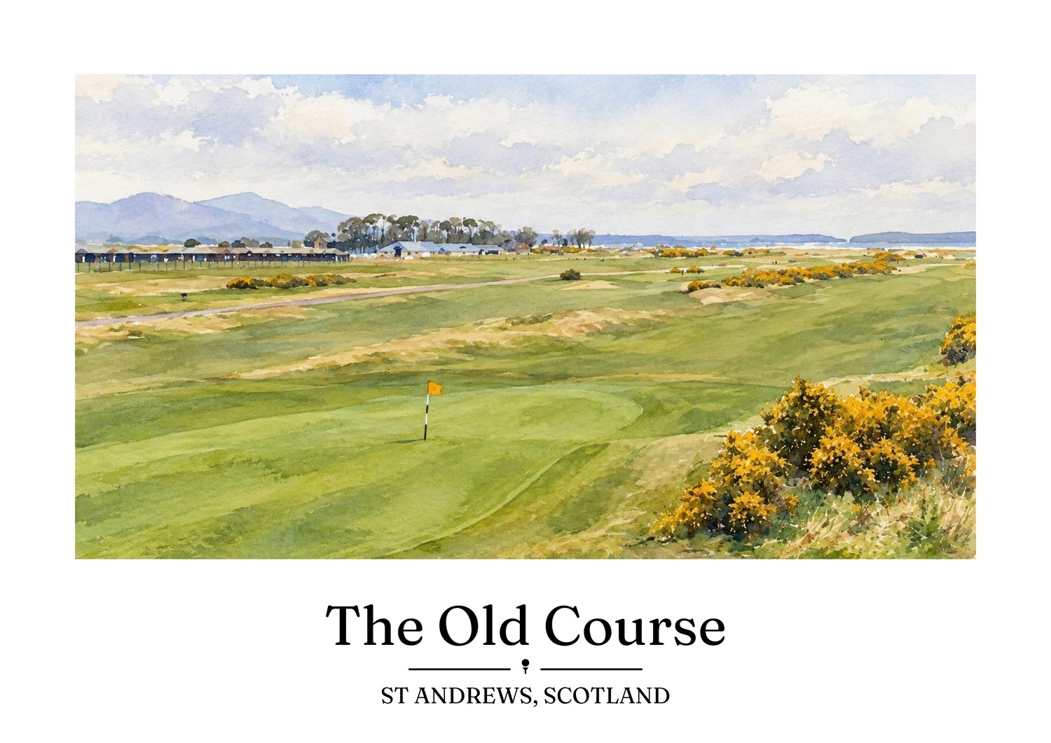 Titled detailed watercolour artwork of the links at St Andrews: The Old Course