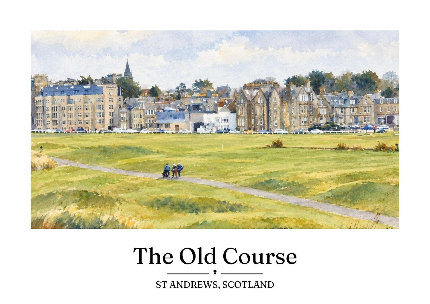Detailed watercolour artwork of St Andrews Links with the town behind, titled The Old Course, St Andrews, Scotland