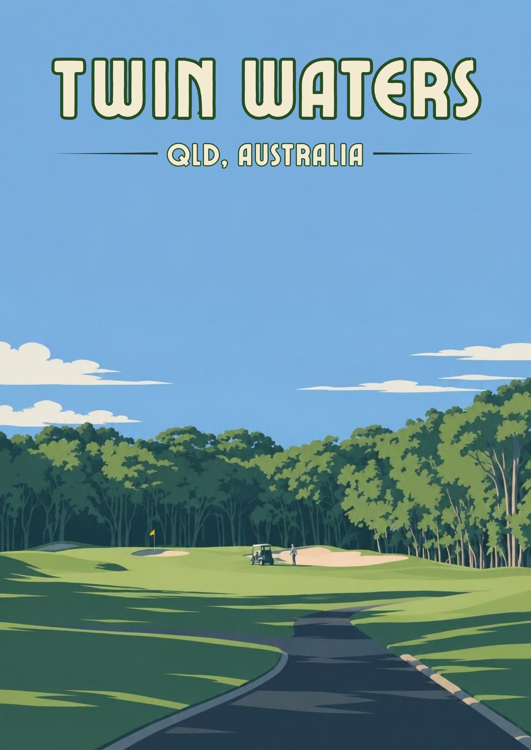 Titled modern illustration poster of Twin Waters, QLD: a cart path leading to the green beneath a wide blue sky