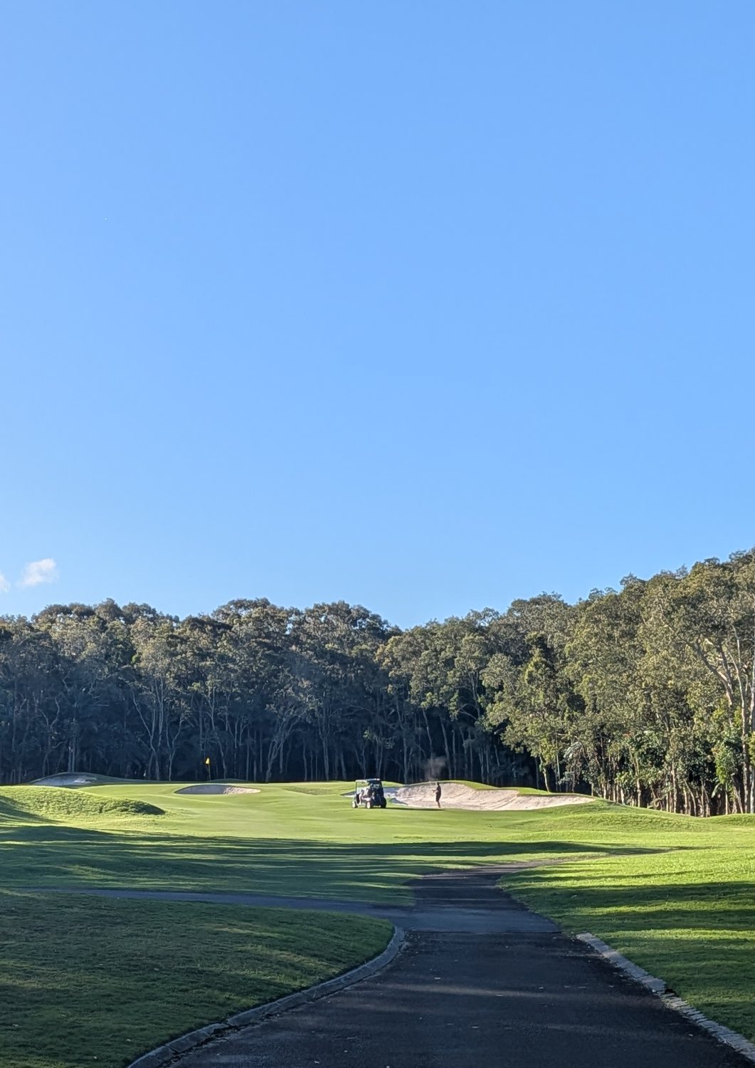 Original phone photo of a cart path curving down the fairway at Twin Waters