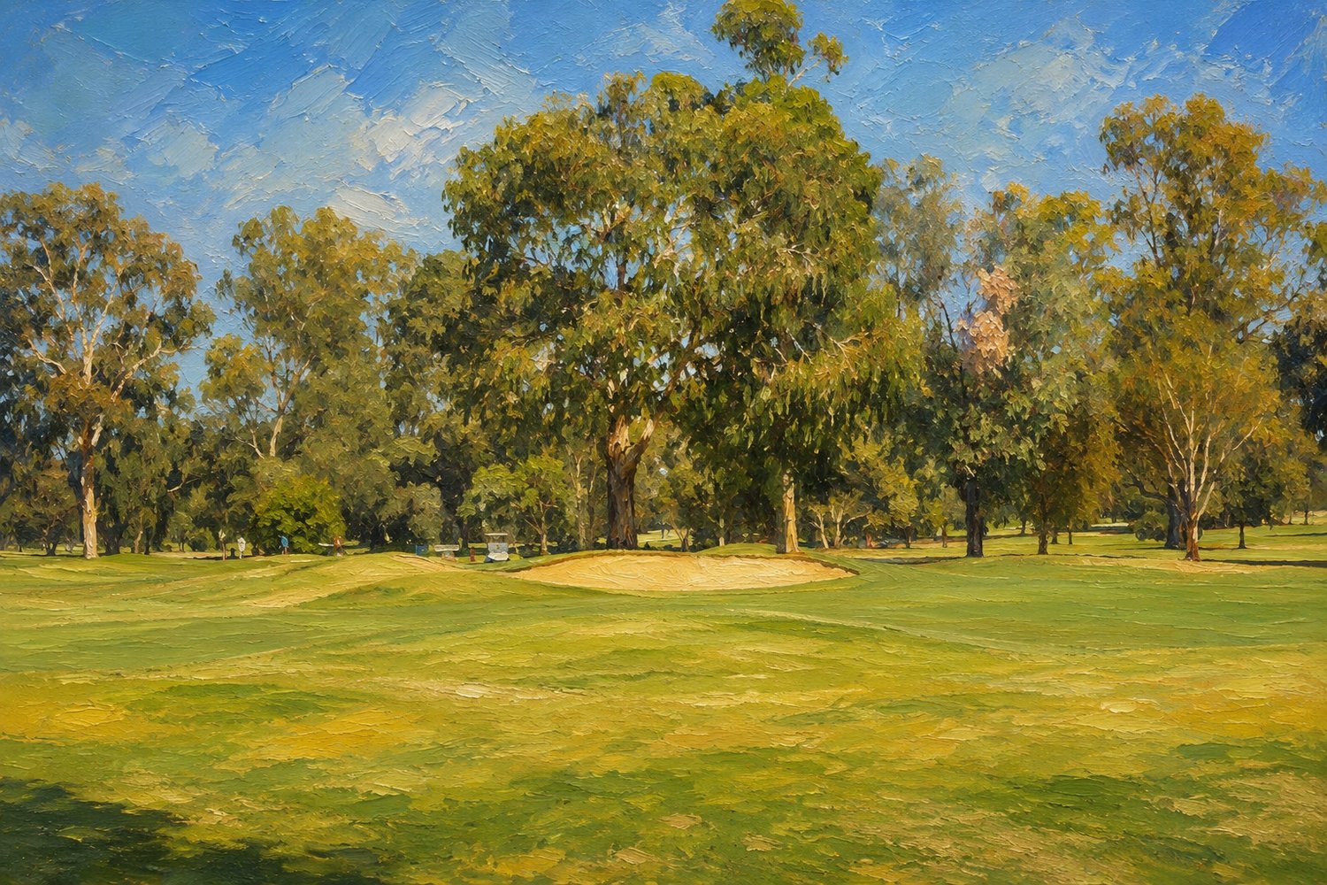 Oil painting artwork of bunkers and gums at Yarrawonga